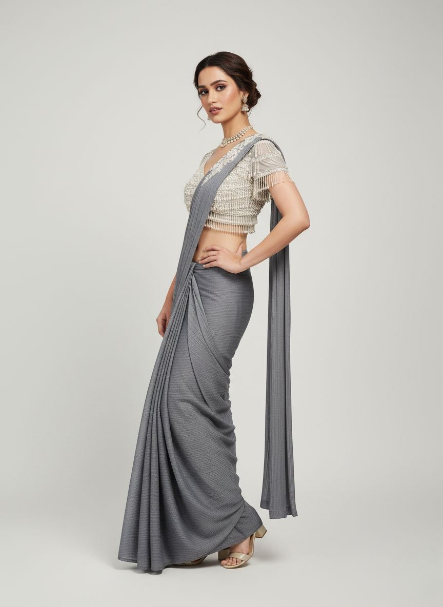 Elegant Grey Pleated Saree with Designer Pearl-Embellished Blouse