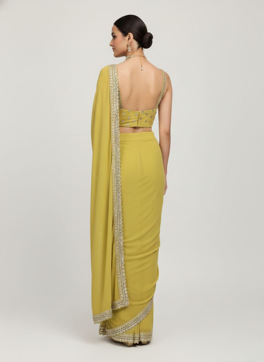 Olive Green Sequin Border Designer Ready to Wear Saree with Embellished Blouse