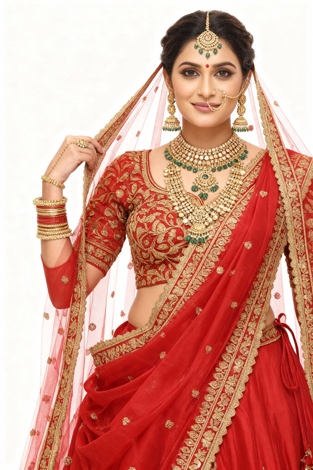 Classic Red Handcrafted Bridal Silk Lehenga with Antique Zari & Sequins Embroidery