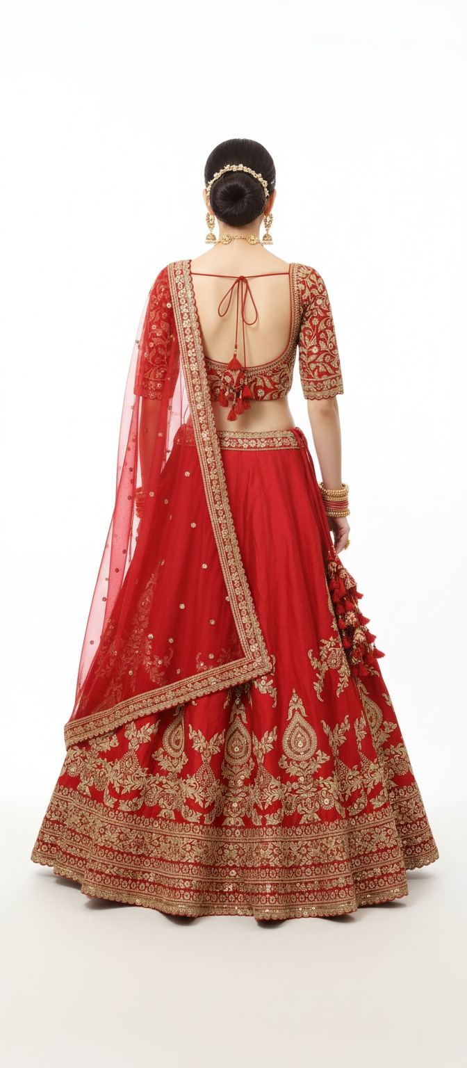 Classic Red Handcrafted Bridal Silk Lehenga with Antique Zari & Sequins Embroidery