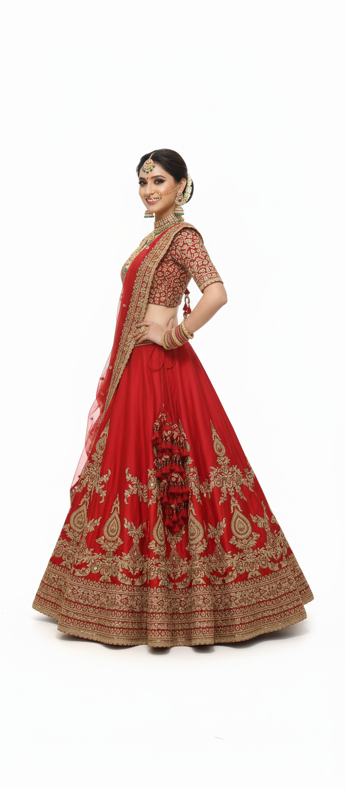 Classic Red Handcrafted Bridal Silk Lehenga with Antique Zari & Sequins Embroidery