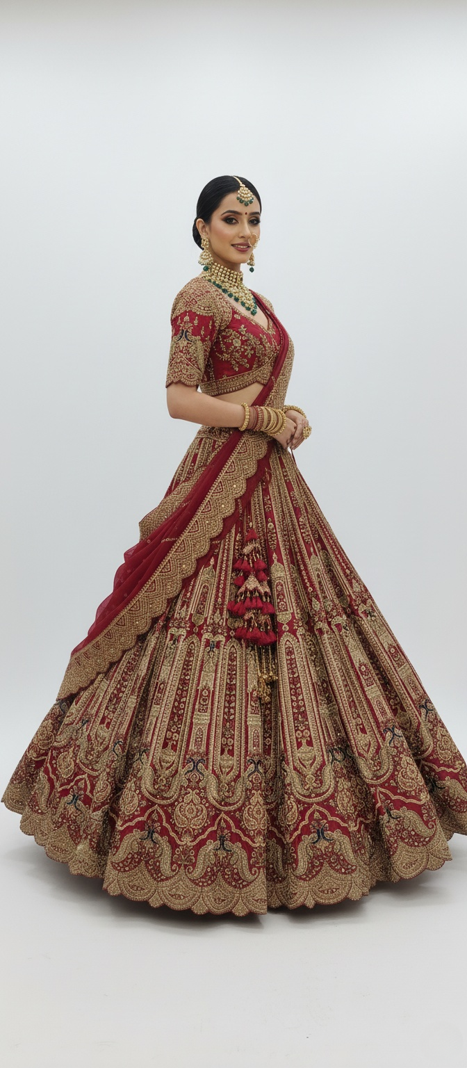 Deep Red Handcrafted Bridal Silk Lehenga with Heavy Zari & Sequins Embroidery