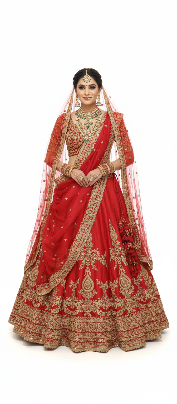 Classic Red Handcrafted Bridal Silk Lehenga with Antique Zari & Sequins Embroidery