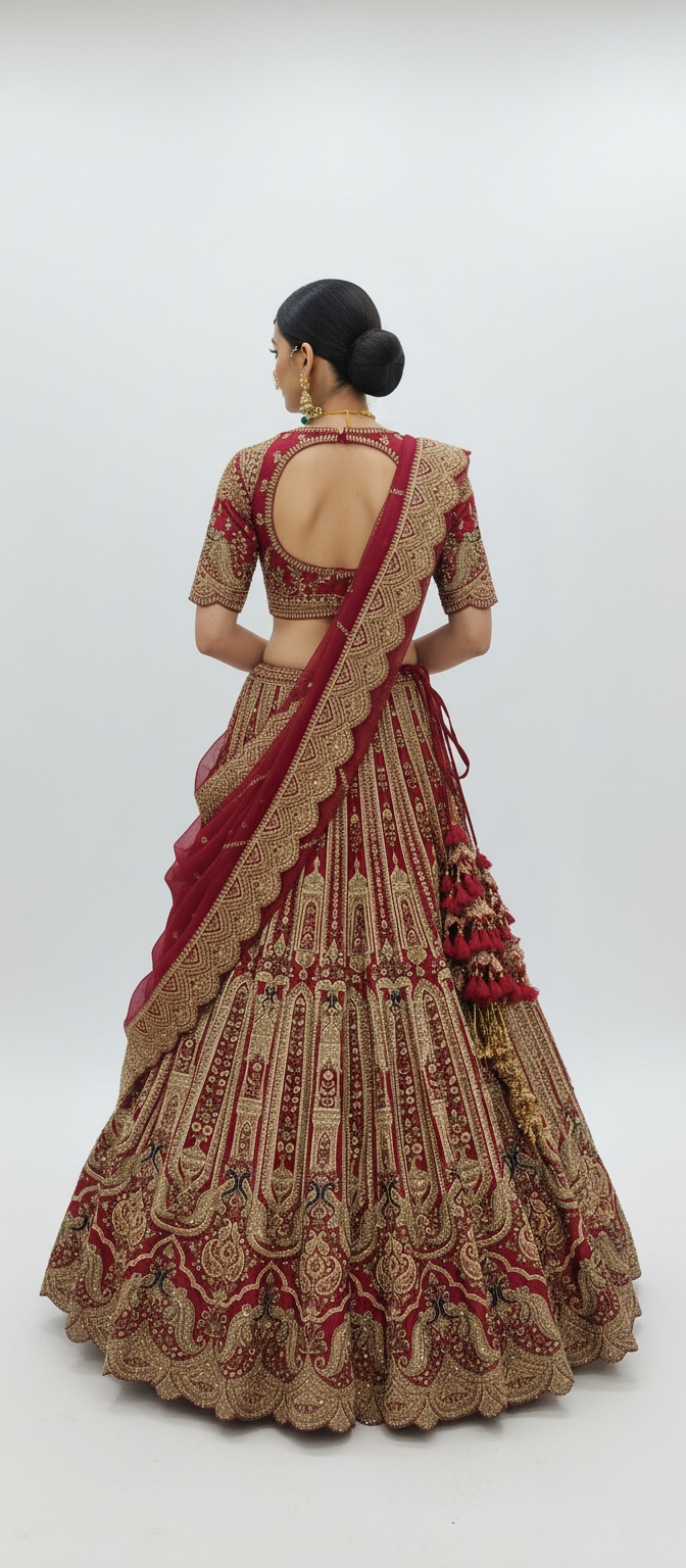 Deep Red Handcrafted Bridal Silk Lehenga with Heavy Zari & Sequins Embroidery