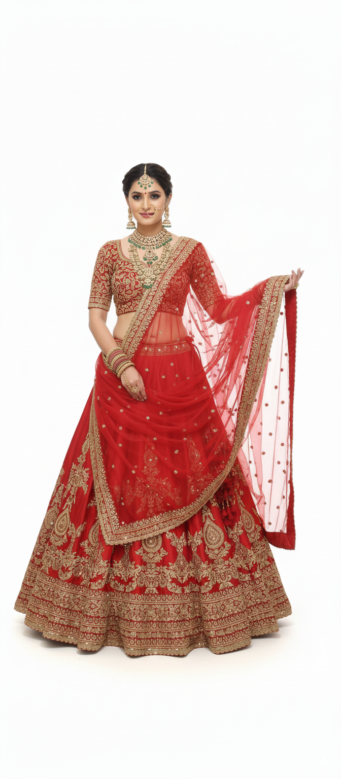 Classic Red Handcrafted Bridal Silk Lehenga with Antique Zari & Sequins Embroidery