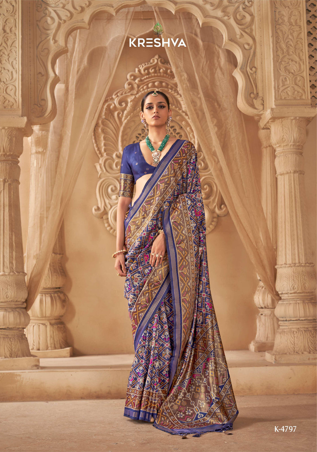Premium Patola Silk Saree with Traditional Geometric Ikat Weaving & Contrast Blouse
