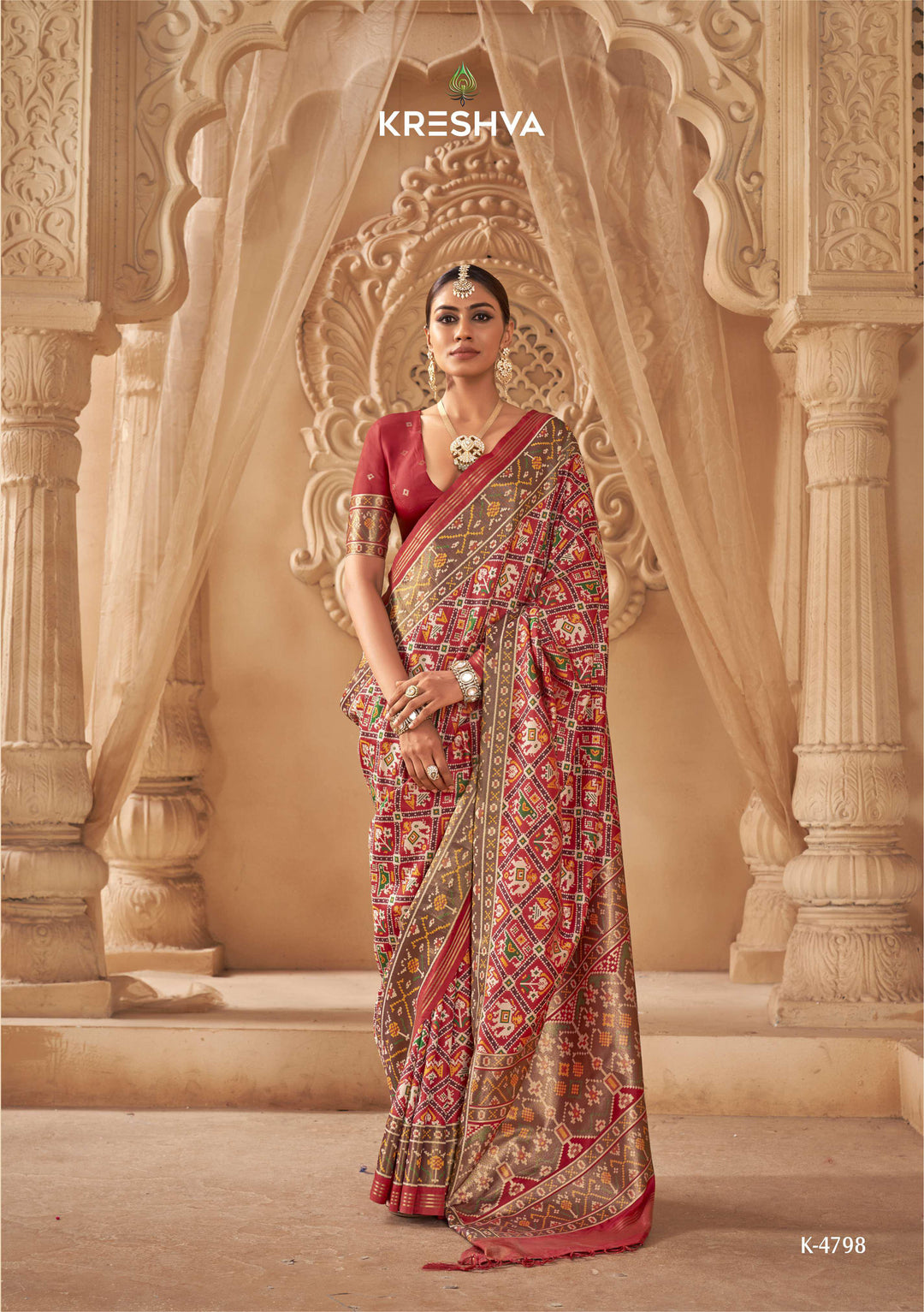 Premium Patola Silk Saree with Traditional Geometric Ikat Weaving & Contrast Blouse