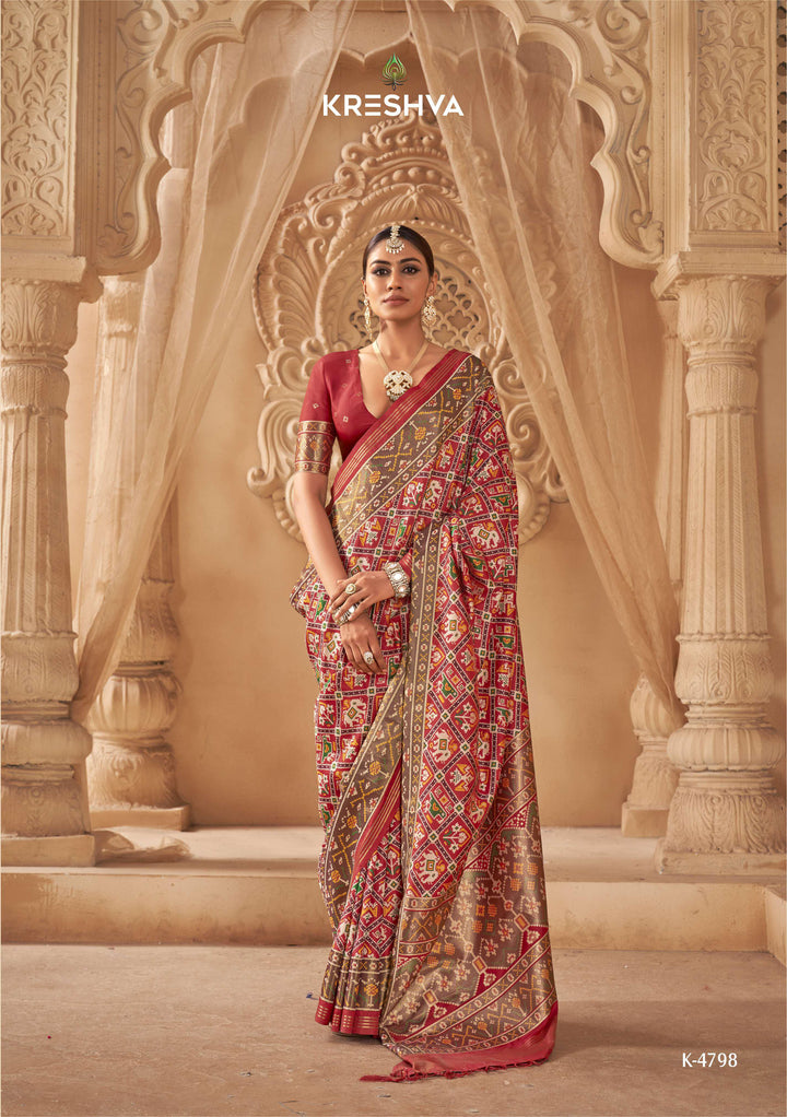 Premium Patola Silk Saree with Traditional Geometric Ikat Weaving & Contrast Blouse