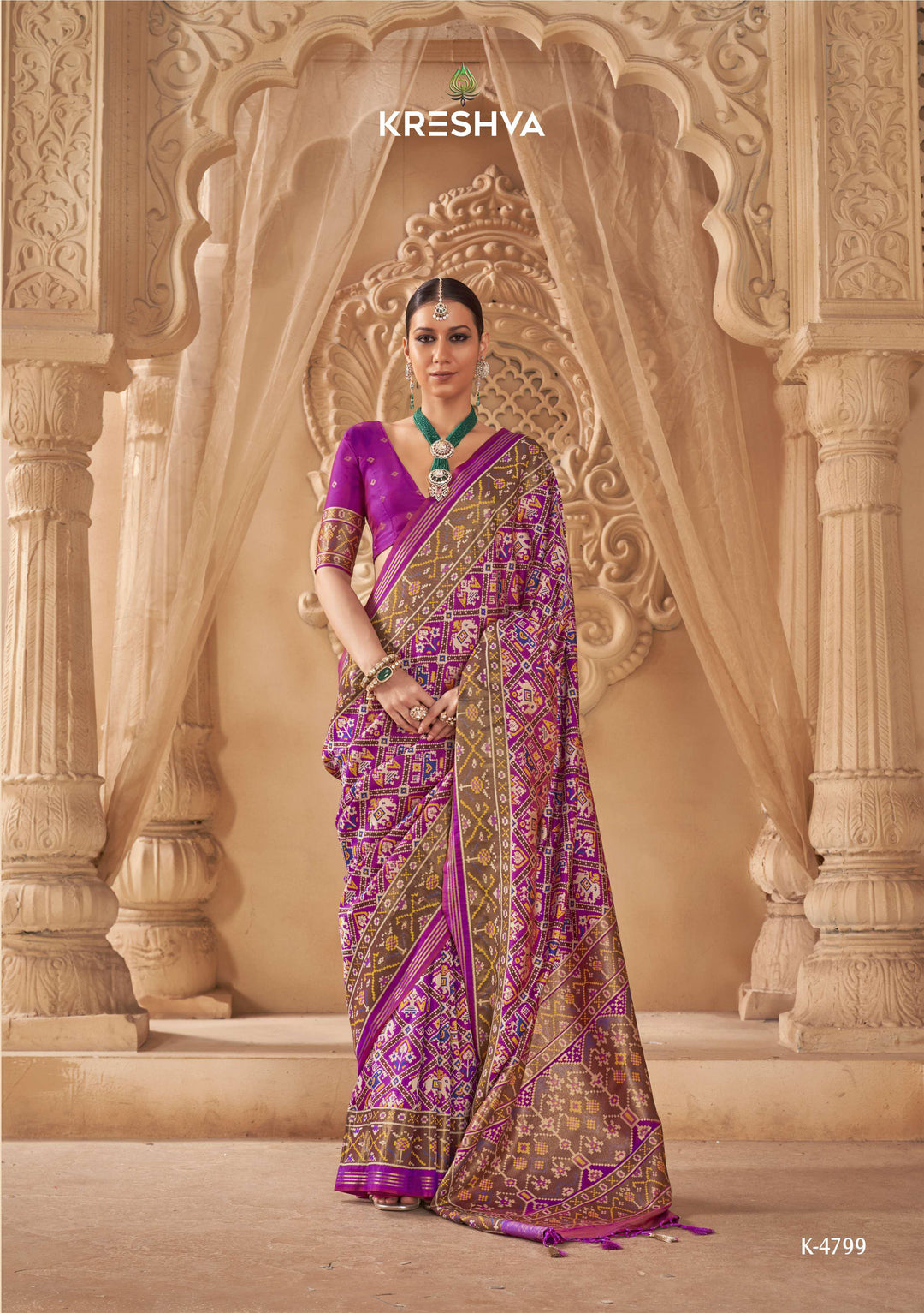 Premium Patola Silk Saree with Traditional Geometric Ikat Weaving & Contrast Blouse