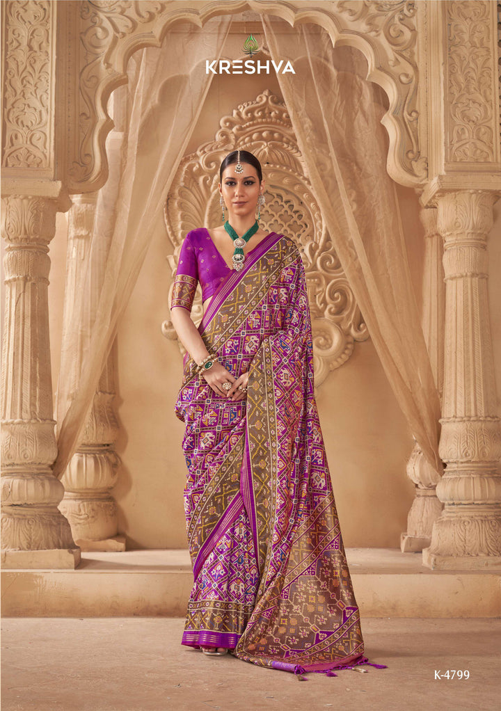Premium Patola Silk Saree with Traditional Geometric Ikat Weaving & Contrast Blouse