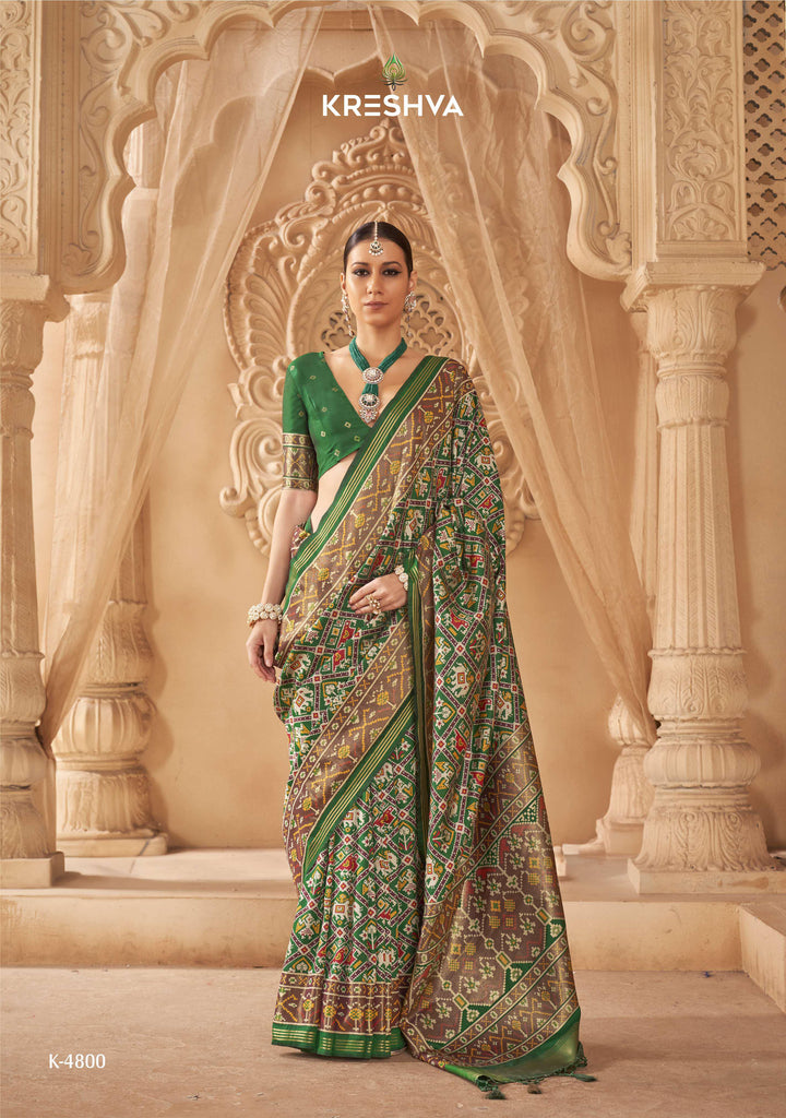 Premium Patola Silk Saree with Traditional Geometric Ikat Weaving & Contrast Blouse