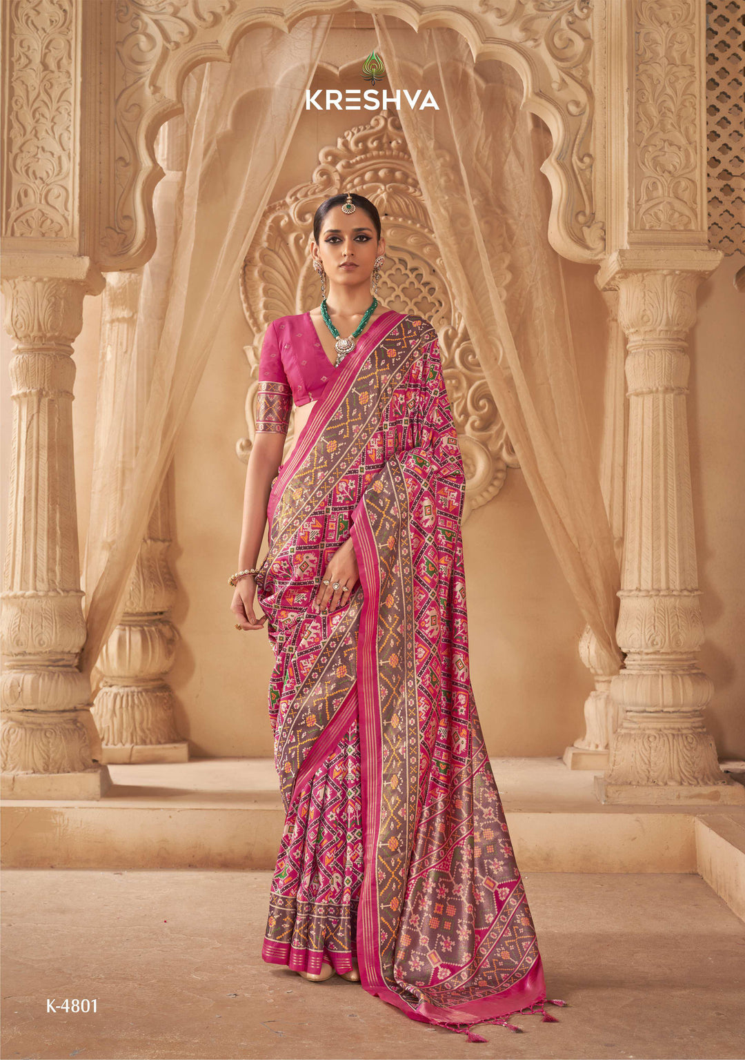 Premium Patola Silk Saree with Traditional Geometric Ikat Weaving & Contrast Blouse