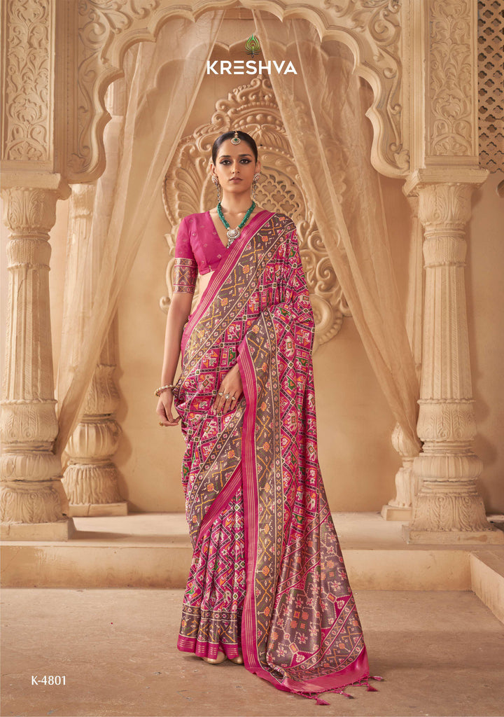 Premium Patola Silk Saree with Traditional Geometric Ikat Weaving & Contrast Blouse