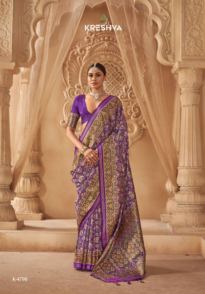 Premium Patola Silk Saree with Traditional Geometric Ikat Weaving & Contrast Blouse