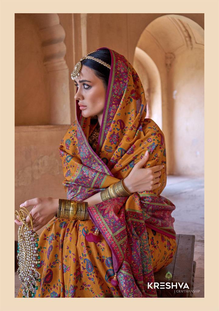 Mustard Yellow & Magenta Heritage Pashmina Inspired Designer Saree with Royal Traditional Border