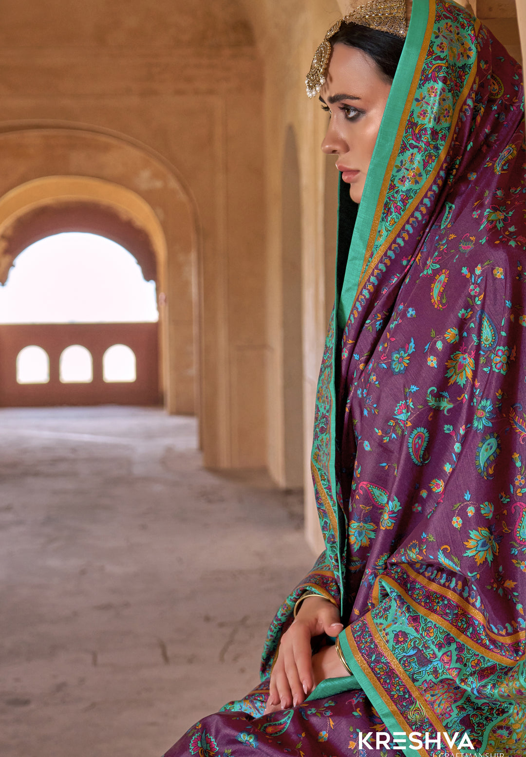 Royal Purple & Teal Green Heritage Pashmina Inspired Designer Saree with Traditional Border