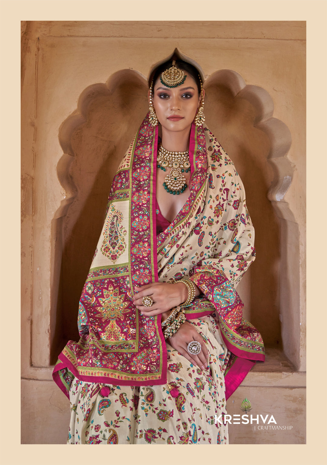Royal Cream & Rani Pink Heritage Pashmina Inspired Designer Saree