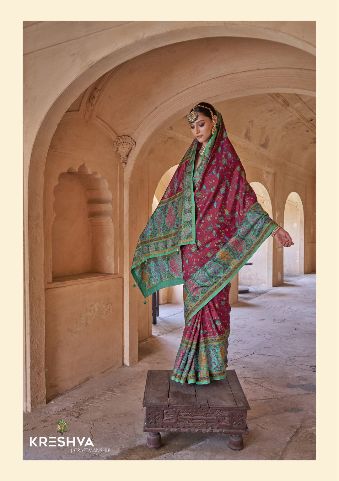 Royal Maroon & Emerald Green Heritage Pashmina Inspired Designer Saree