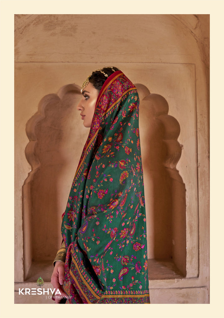 Royal Emerald Green & Rani Pink Pashmina Inspired Heritage Bridal Designer Saree