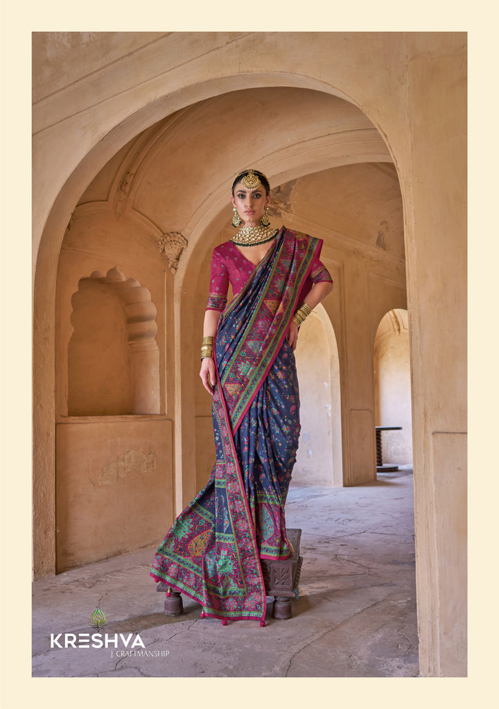 Royal Navy Blue & Heritage Multicolour Pashmina Inspired Designer Saree