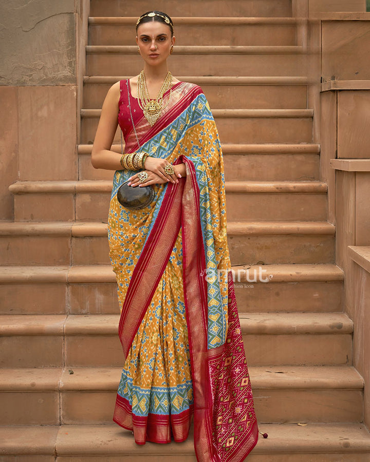 Ikkat Patola Pure Cotton Silk saree in Mustard Yellow with Unstitched Blouse