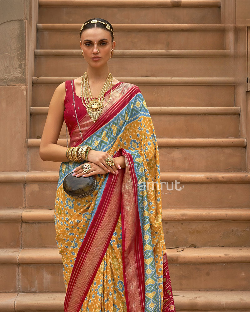 Ikkat Patola Pure Cotton Silk saree in Mustard Yellow with Unstitched Blouse