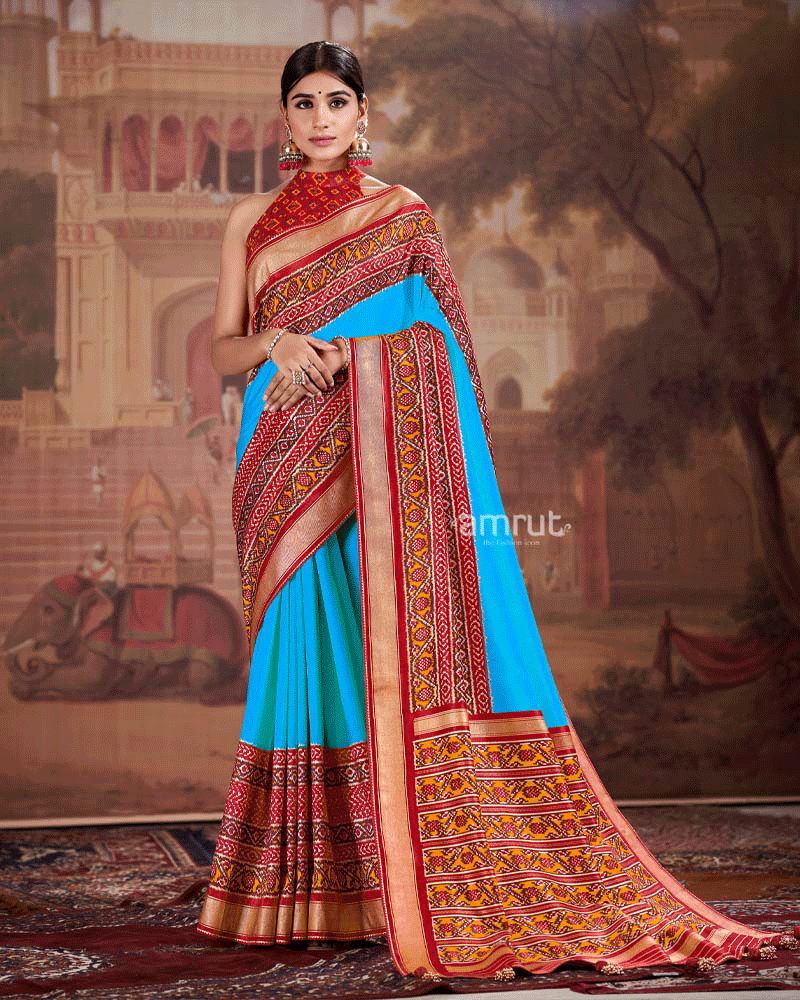 Sky Blue Pure Patola Saree with Unstitched Blouse