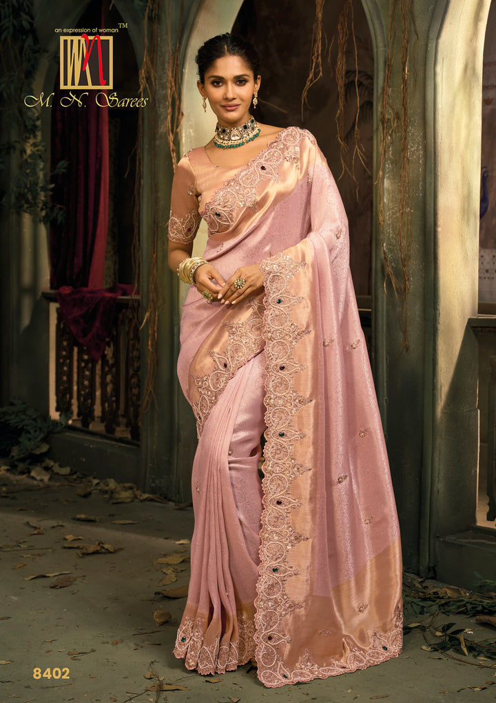 Soft Blush Pink Silk Saree with Intricate Embroidery & Zari Border