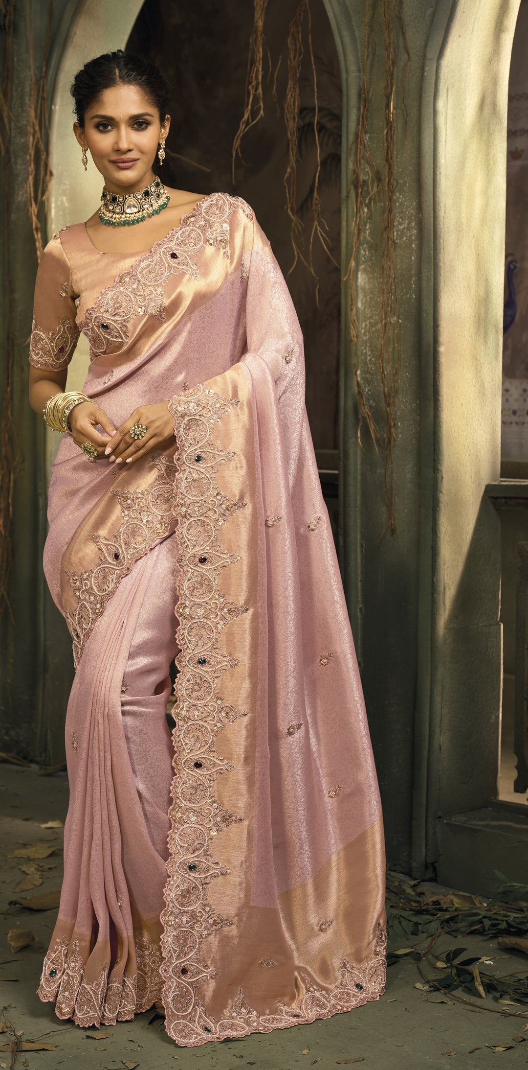 Soft Blush Pink Silk Saree with Intricate Embroidery & Zari Border
