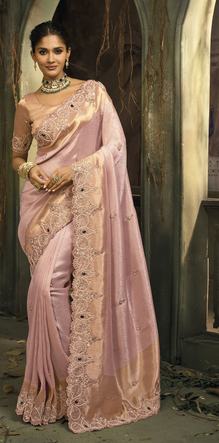 Soft Blush Pink Silk Saree with Intricate Embroidery & Zari Border