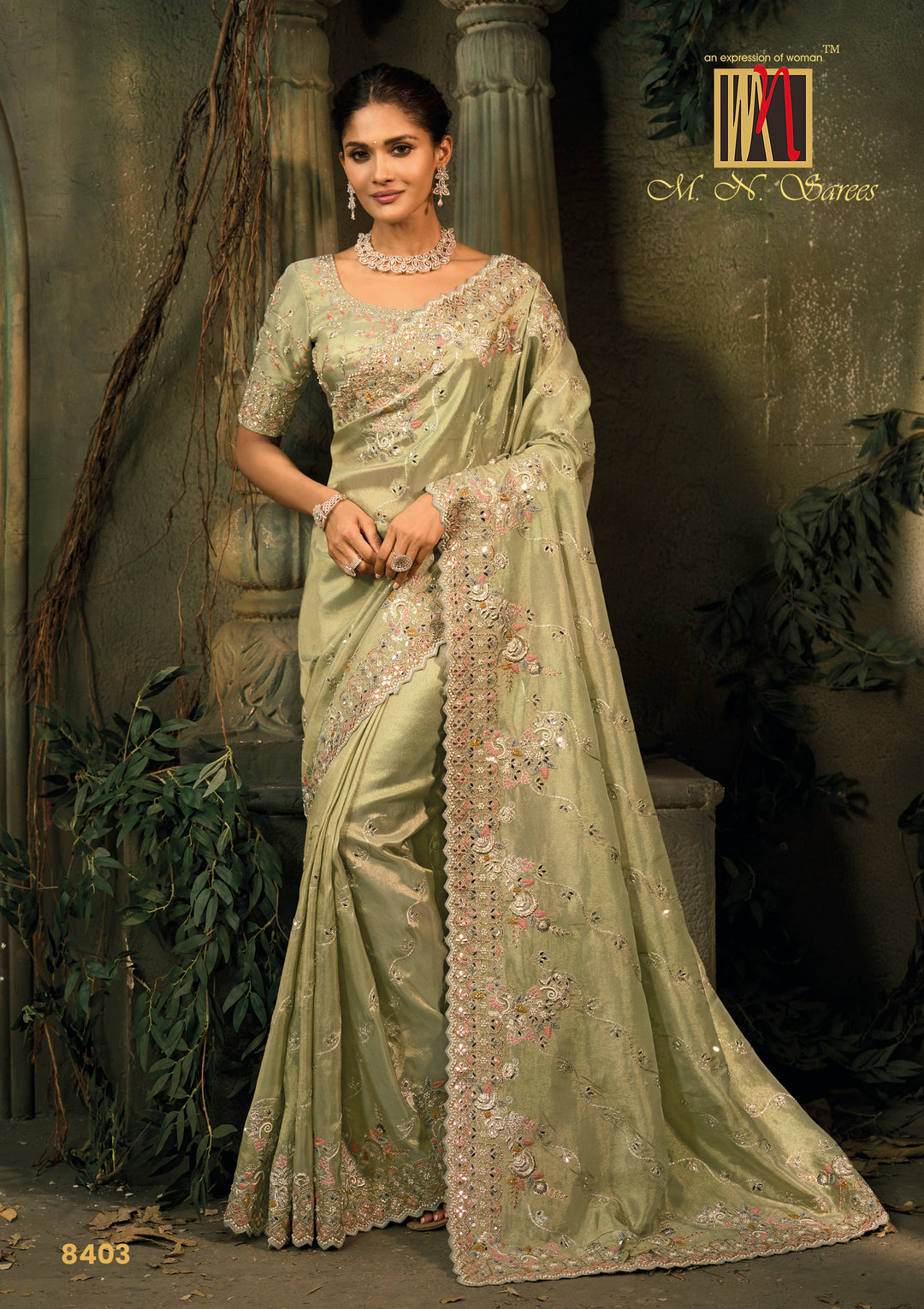 Pastel Green Silk Saree with Intricate Embroidery & Elegant Zari Border