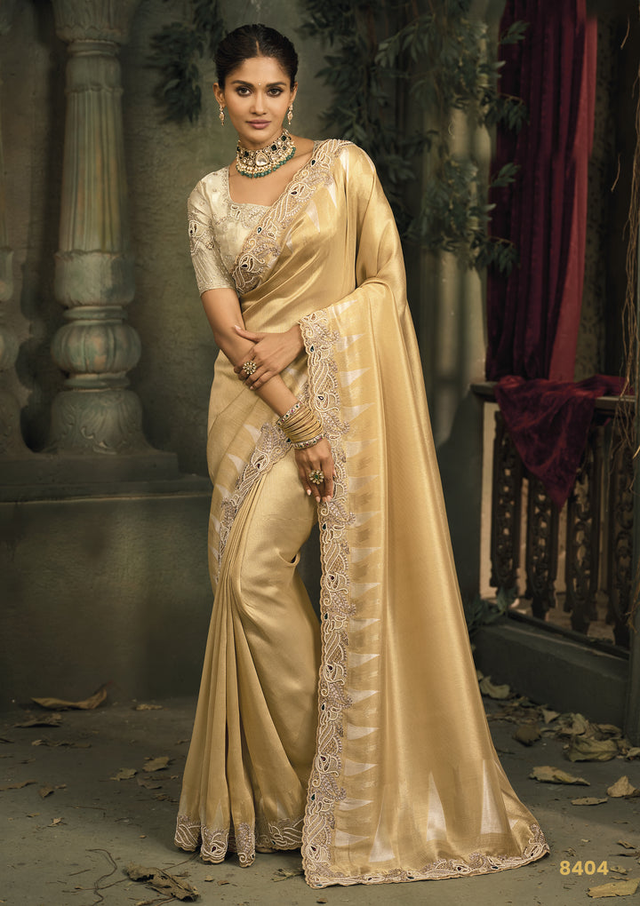 Classic Beige Gold Silk Saree with Elegant Embroidery Border