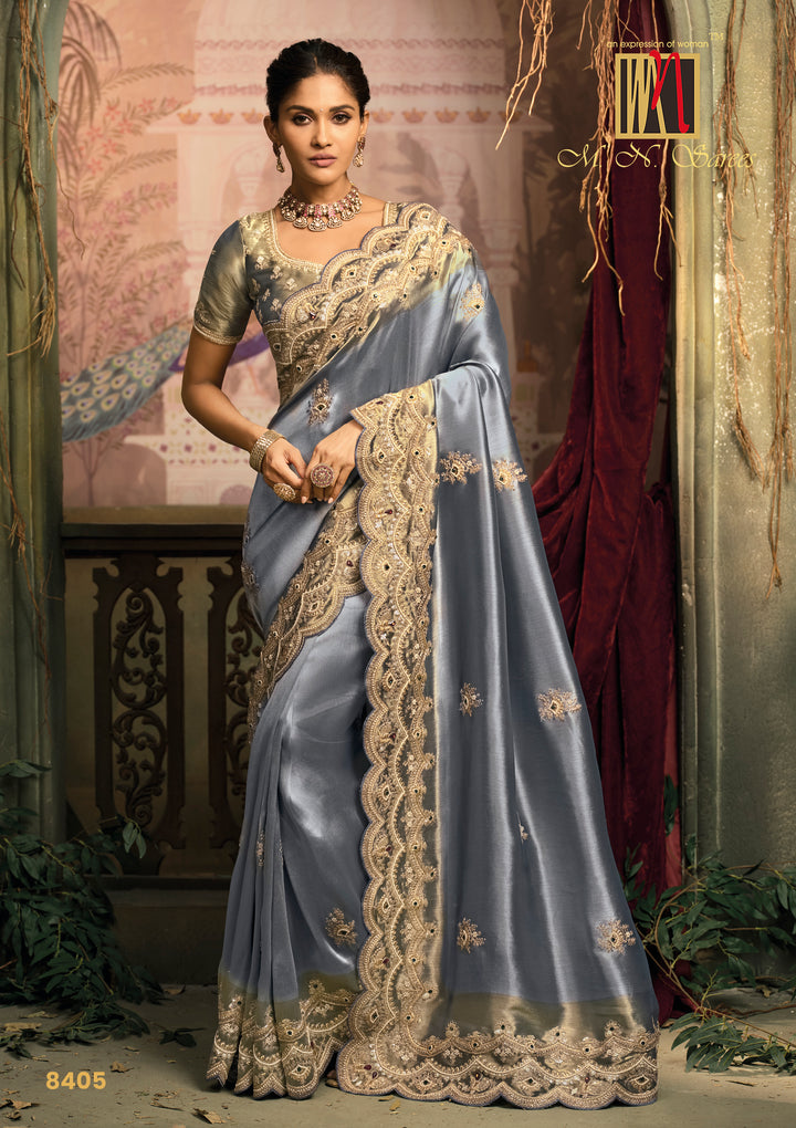 Elegant Steel Grey Silk Saree with Heavy Embroidered Border