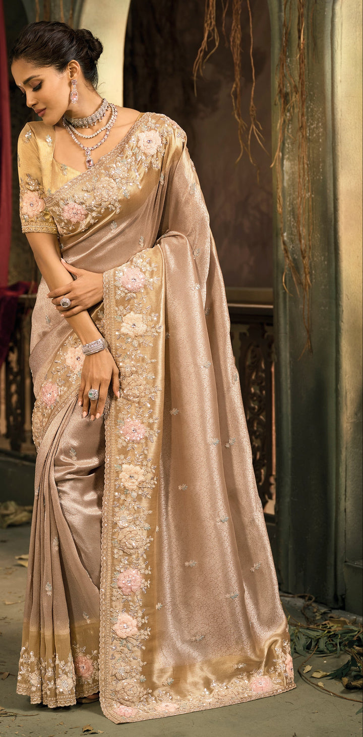 Elegant Blush Pink Silk Saree with Floral Embroidered Border