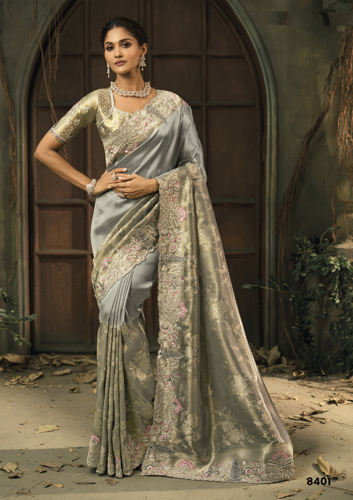 Elegant Grey Silk Saree with Intricate Embroidery & Zari Border
