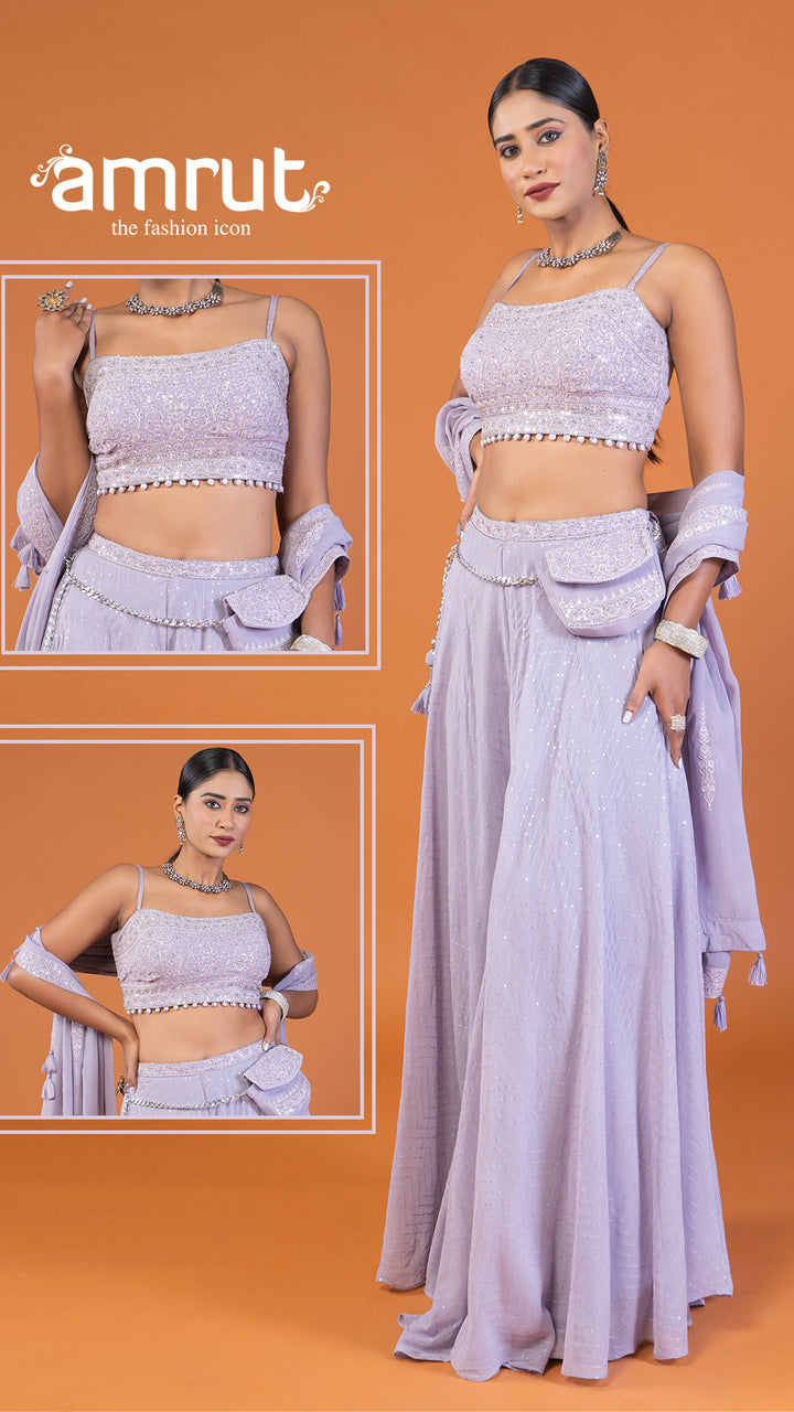 Purple Embellished Crop Top and Palazzo Set with Waistline Bag