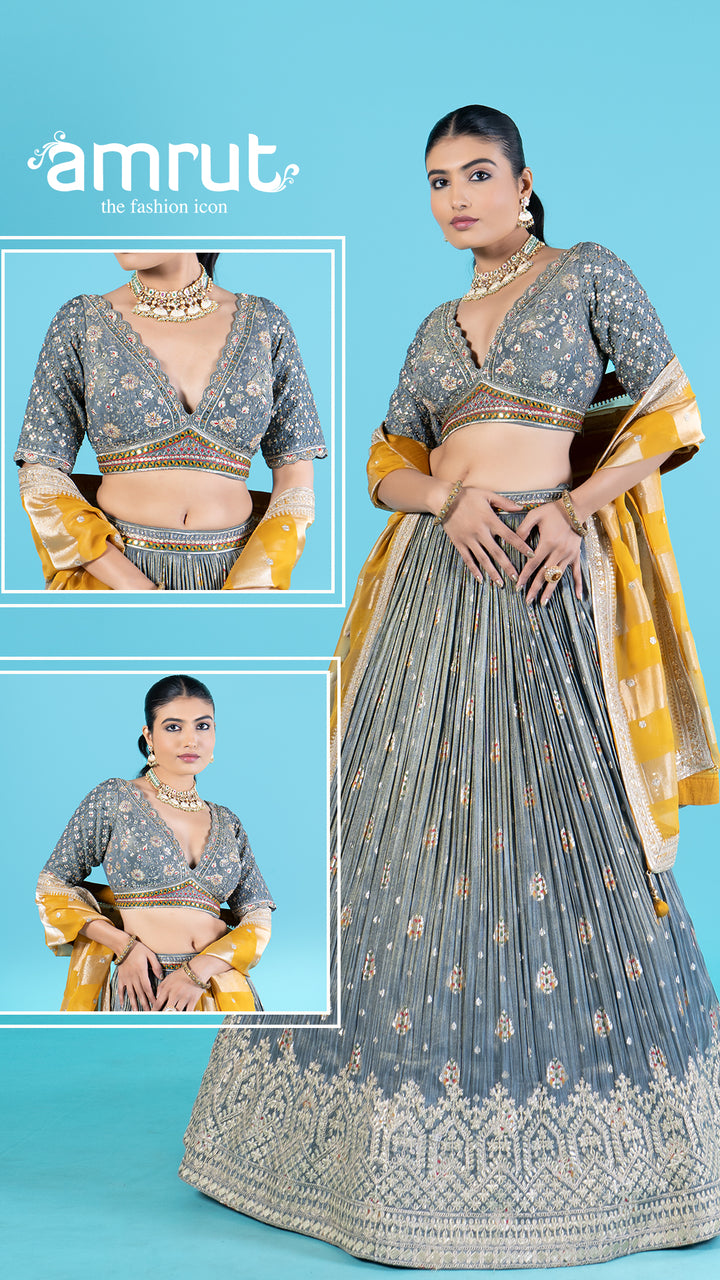 Gray Pleated Lehenga and Embroidered Choli with Mustard Yellow Dupatta