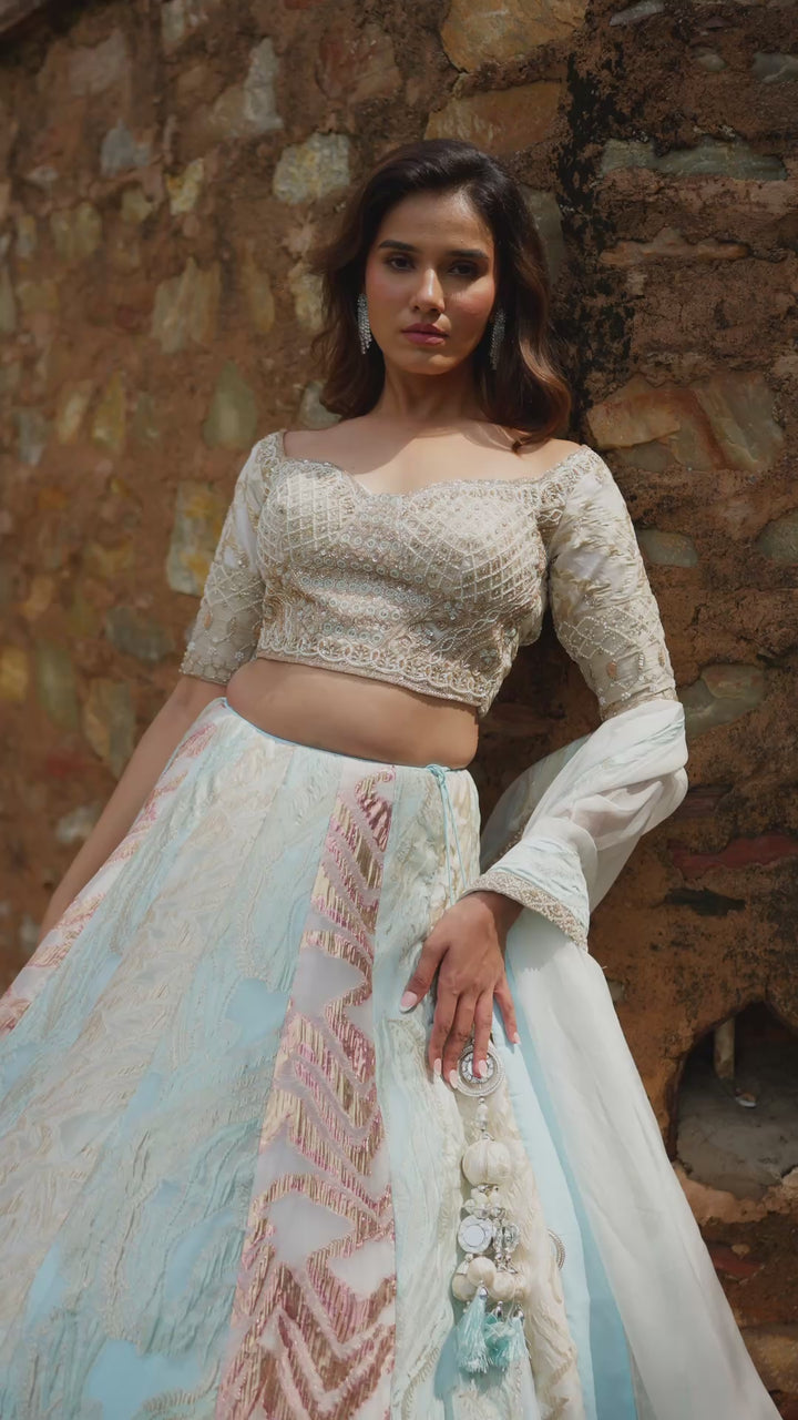 Elegant Ice Blue & Ivory Embroidered Lehenga Choli Set with Dupatta