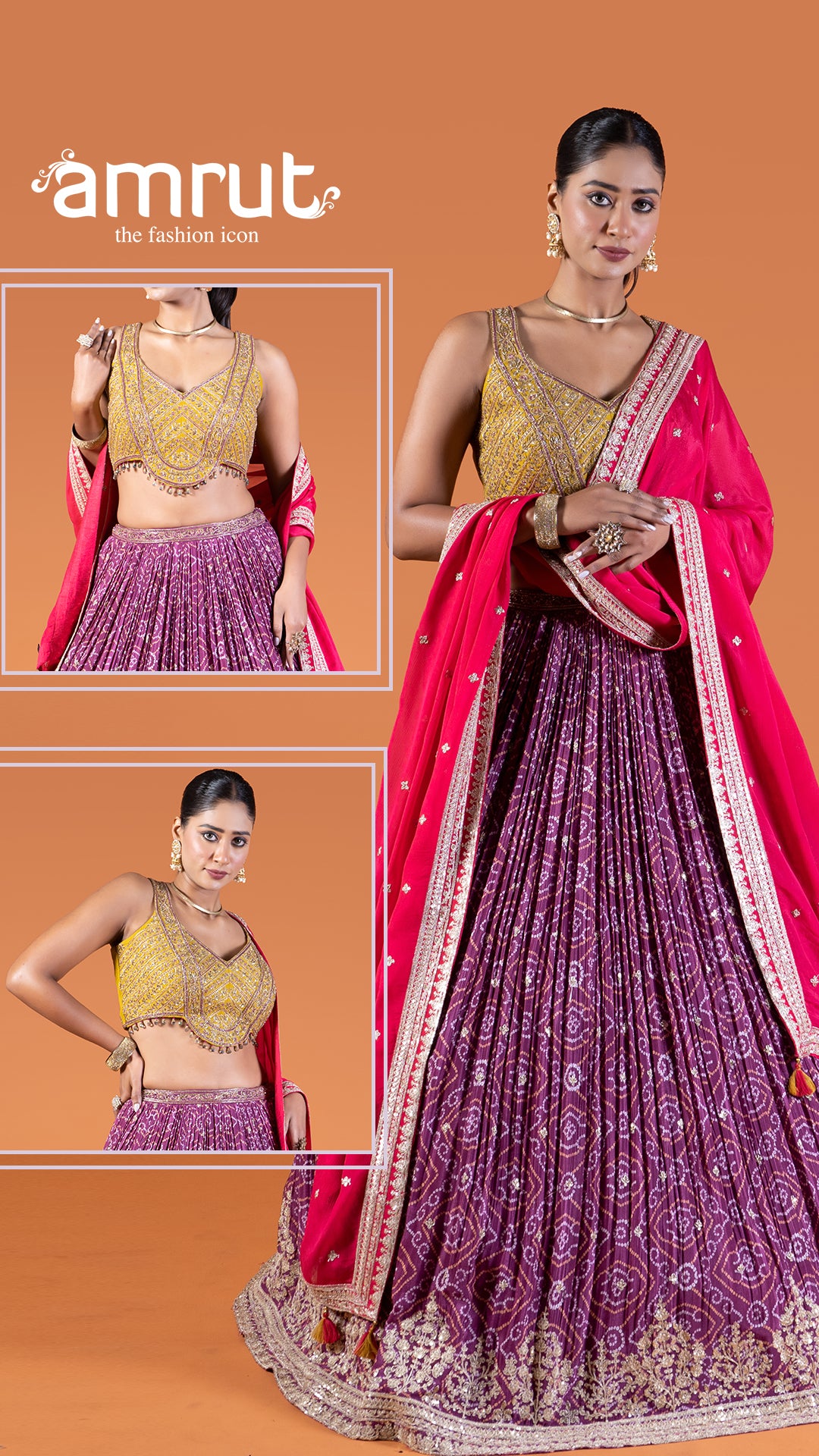 Purple Bandhani Lehenga with Yellow Choli and Pink Dupatta Set