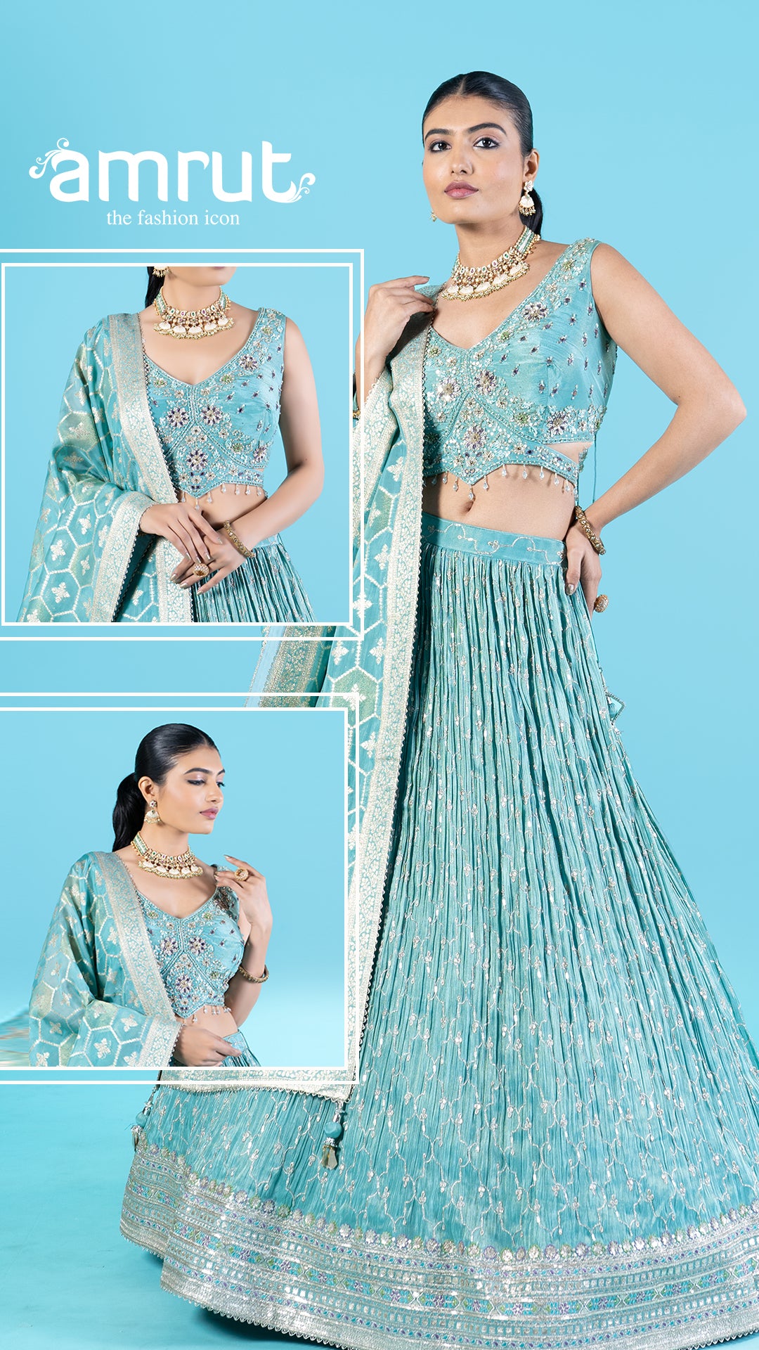 Teal Floral Embroidered Lehenga Choli with Hexagonal Pattern Dupatta