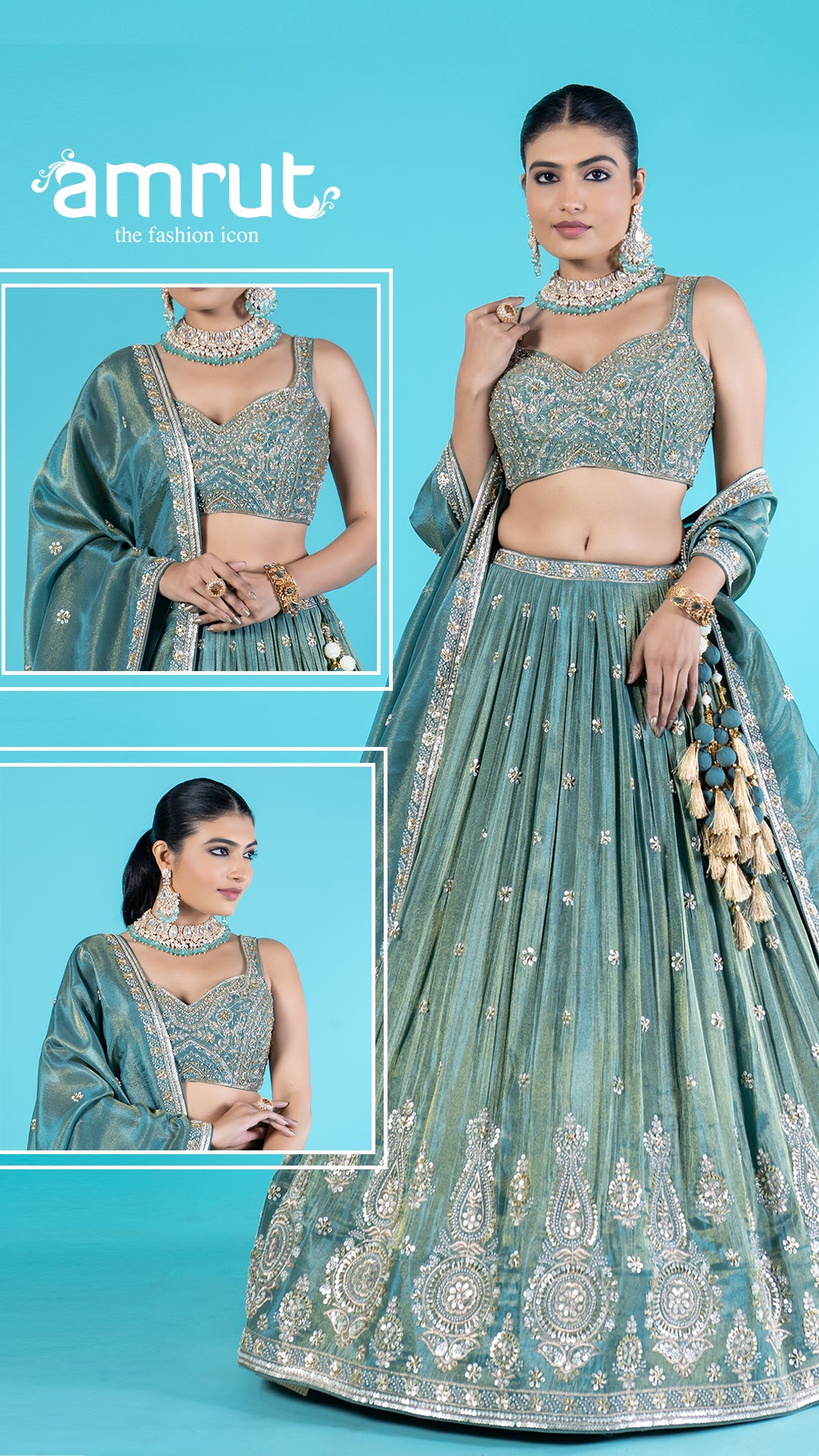 Teal Tissue Silk Lehenga Choli with Sequin and Zari Embroidery and Dupatta