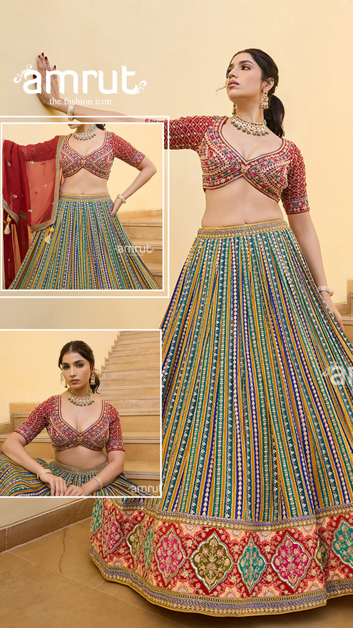 Multicolored Striped Lehenga with Embroidered Choli and Red Dupatta