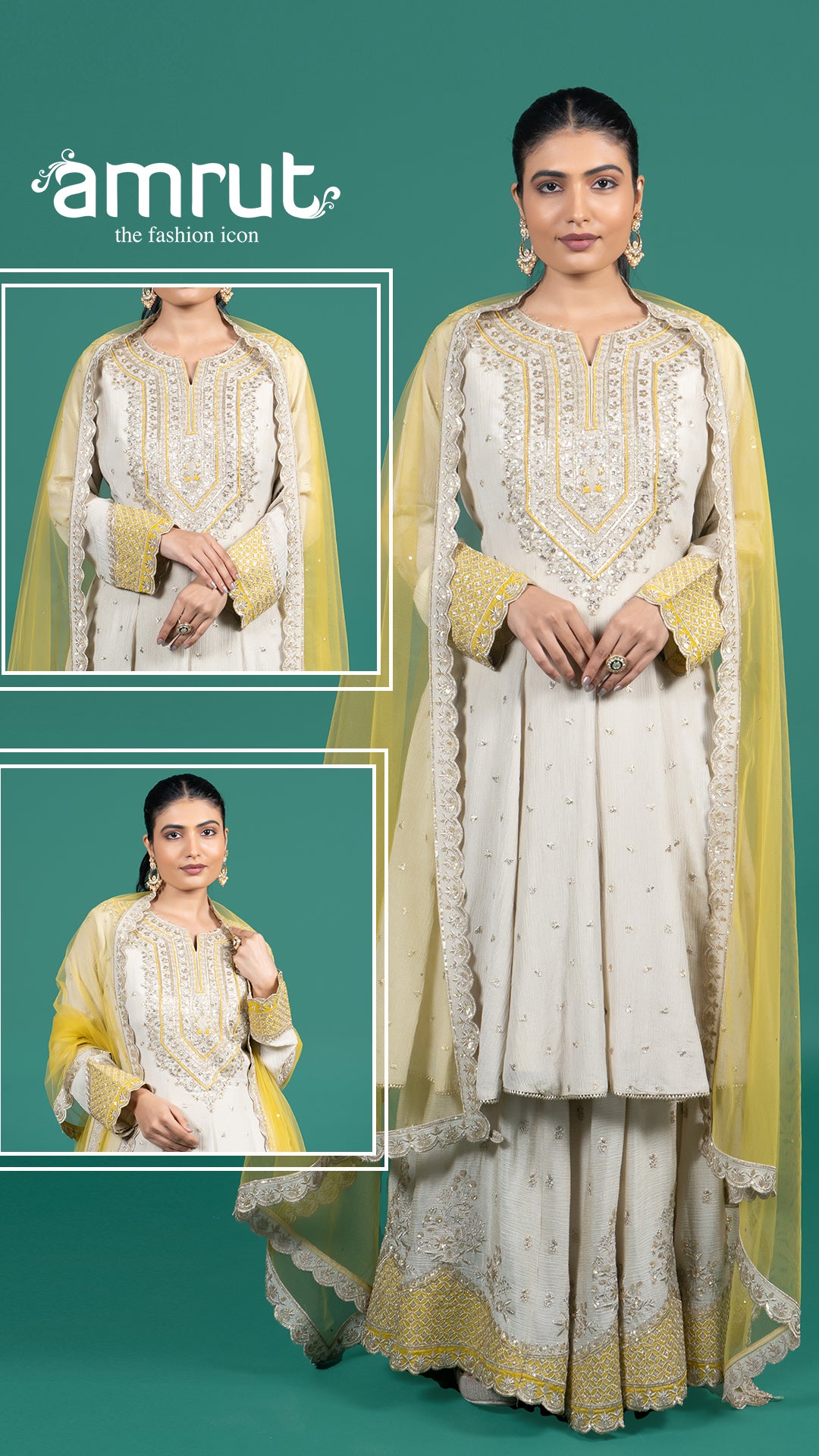 Ivory Mirror Embroidered Sharara Set with Yellow Net Dupatta