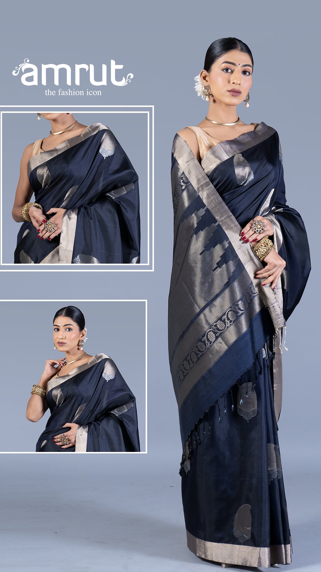 Navy Blue with Golden Zari Leaf Patterns and Geometric Motifs Saree with unstitched blouse