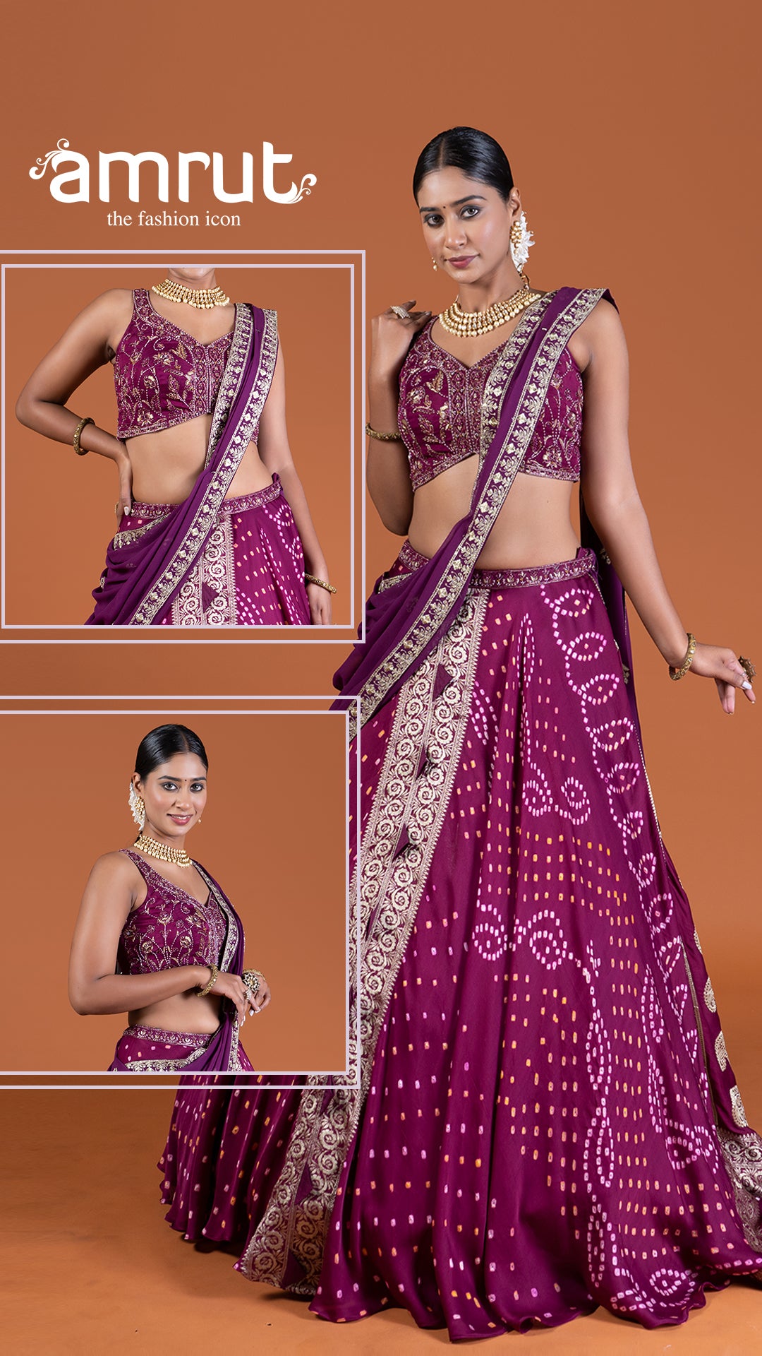 Purple Bandhani Lehenga with Embroidered Choli and Draped Dupatta