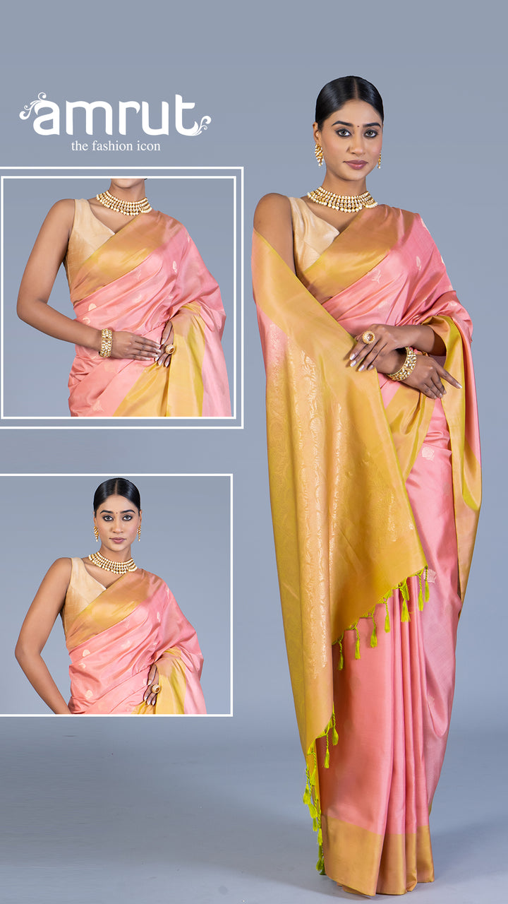 Rose Pink and Yellow Golden Zari embellished Silk Saree with Unstitched Blouse