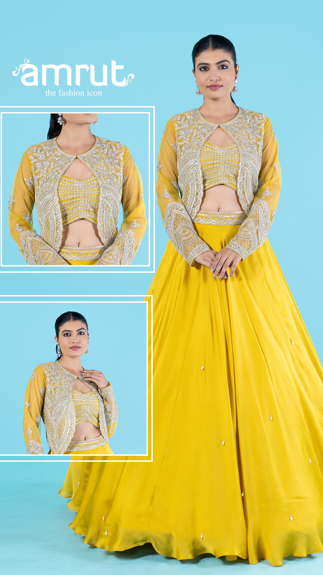 Yellow Embroidered Jacket with Crop Choli and Flared Lehenga