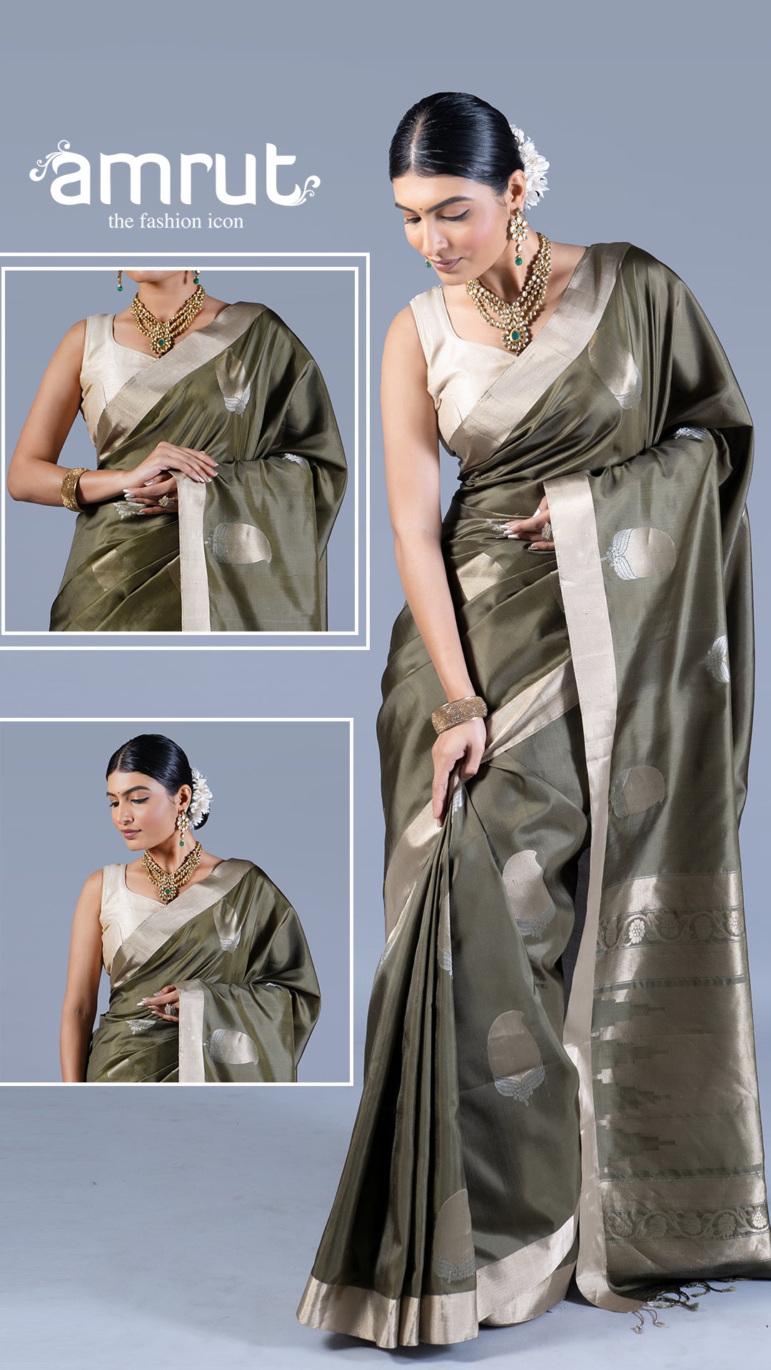 Mehendi Green with Golden Zari Leaf Patterns and Geometric Motifs Saree with unstitched blouse