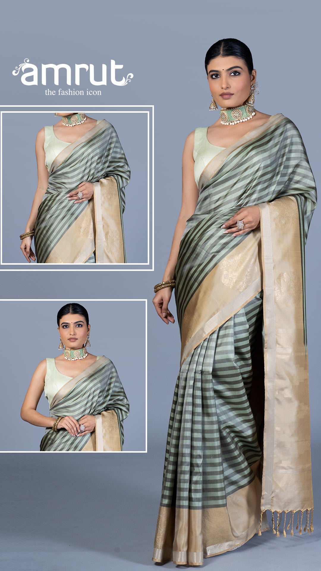 Light Sage Green and Beige Striped Saree with Unstitched Blouse