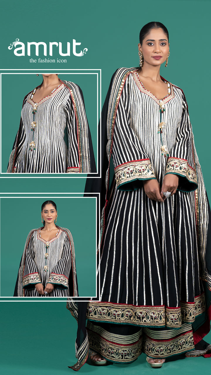 Black Striped Zari Embroidery Anarkali Suit